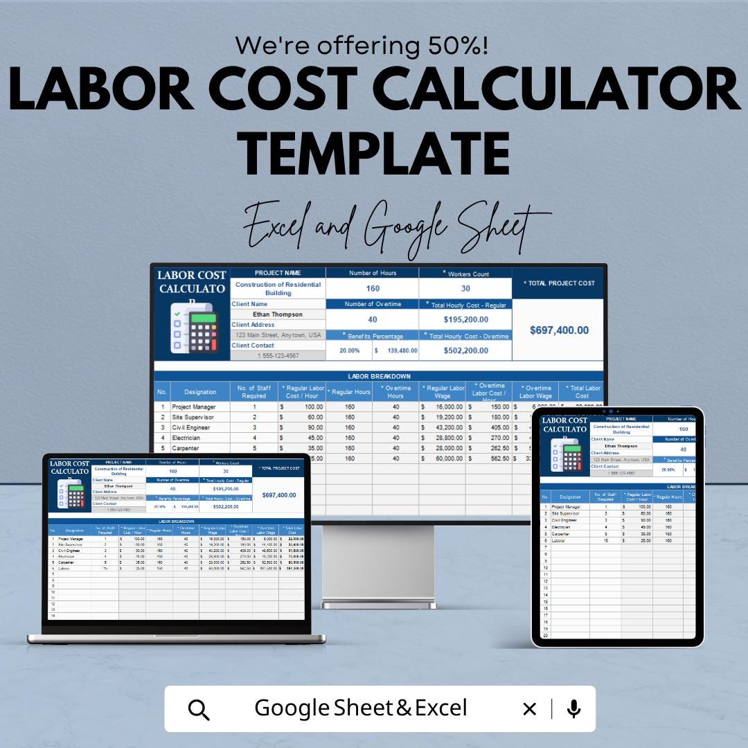 Labor Cost Calculator Template | Project Cost Estimator Spreadsheet | Construction Budget Planner | Workforce Cost Tracker