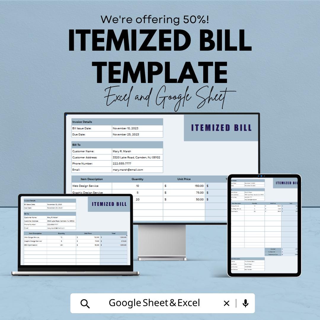 Itemized Bill Template Excel Google Sheets | Invoice Template Spreadsheet | Billing Tracker | Business Invoice Template | Digital Bill