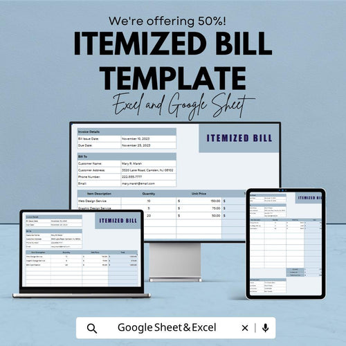 Itemized Bill Template Excel Google Sheets | Invoice Template Spreadsheet | Billing Tracker | Business Invoice Template | Digital Bill