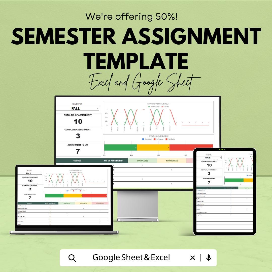 Semester Assignment Template | Student Planner Spreadsheet | Assignment Tracker | Study Planner | Task & Deadline Organizer