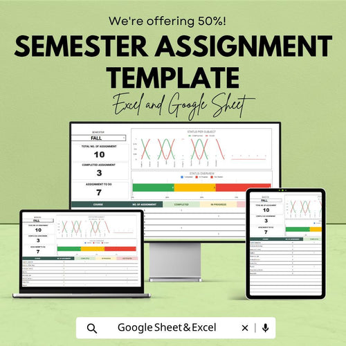Semester Assignment Template | Student Planner Spreadsheet | Assignment Tracker | Study Planner | Task & Deadline Organizer