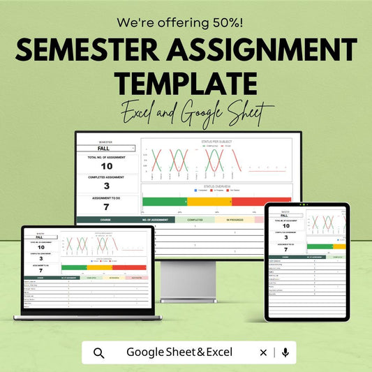 Semester Assignment Template | Student Planner Spreadsheet | Assignment Tracker | Study Planner | Task & Deadline Organizer