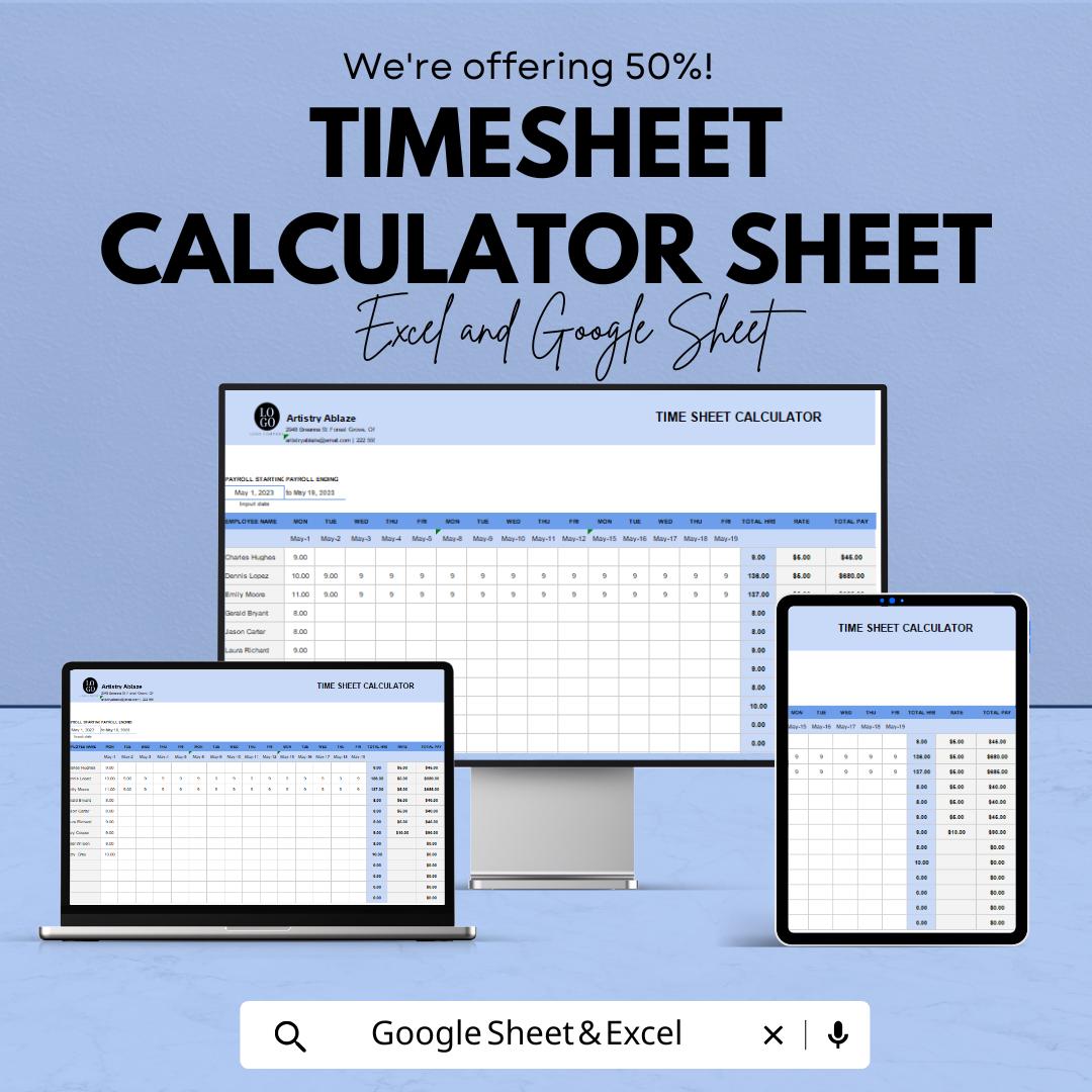 Timesheet Calculator Sheet | Payroll & Work Hour Tracker in Excel and Google Sheets