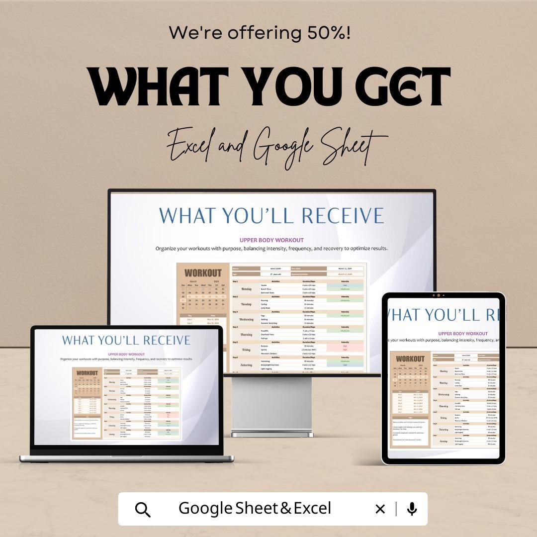 Transformation Workout Template | Fitness Planner Spreadsheet | Weekly Workout Tracker | Gym Training Log