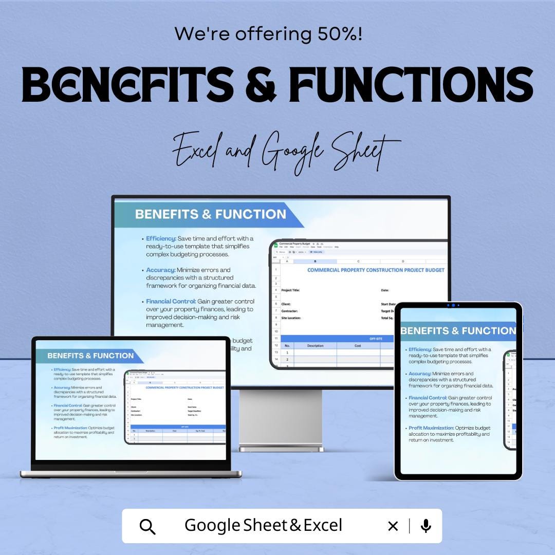 Commercial Property Budget Sheet - Excel & Google Sheet Template | Construction Project Budget Planner | 50% Off | Property Management Tool