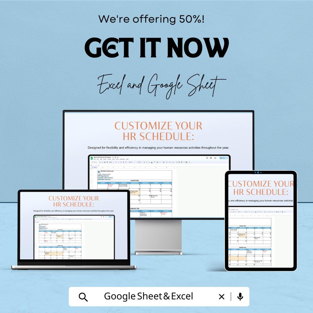 Blank HR Calendar Sheet - Excel & Google Sheet, Customizable Employee Schedule Template, HR Management Calendar