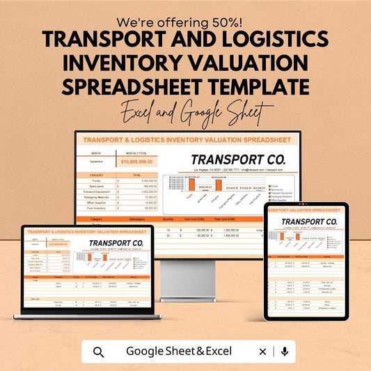 Transport and Logistics Inventory Valuation Spreadsheet Template | Excel and Google Sheets | Inventory Tracker & Valuation Dashboard