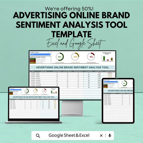 Advertising Online Brand Sentiment Analysis Tool | Sentiment Tracking Spreadsheet | Brand Monitoring Template | Marketing Analytics Tool