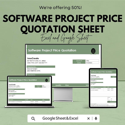 Software Project Price Quotation Sheet | Excel & Google Sheets Template | Editable Business Quotation Form | Printable Software Quote