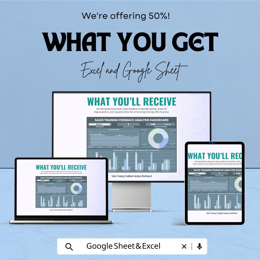 Sales Training Feedback Analysis Dashboard Template | Excel and Google Sheets | Performance Tracking & Training Insights