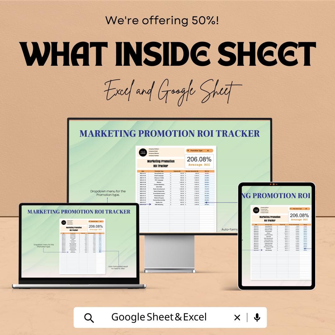 Marketing Promotion ROI Tracker Template | Marketing ROI Spreadsheet | Campaign Performance Tracker | Google Sheets ROI Tracking Tool