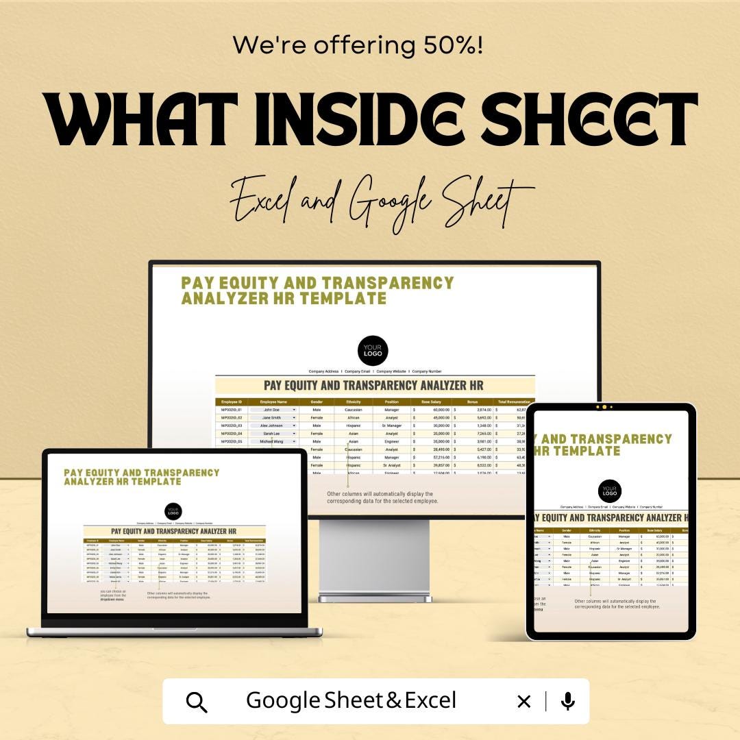 Pay Equity and Transparency Analyzer HR Template | Salary Analysis Dashboard | Equal Pay Compliance Tool | Excel & Google Sheets