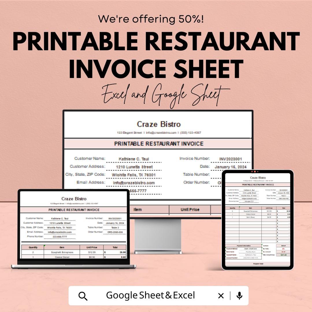 Printable Restaurant Invoice Sheet | Excel & Google Sheets Template | Customizable Restaurant Invoice | 50% Off | Easy-to-Use Template