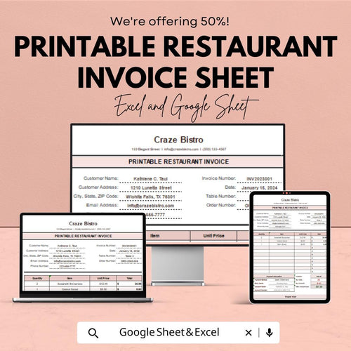 Printable Restaurant Invoice Sheet | Excel & Google Sheets Template | Customizable Restaurant Invoice | 50% Off | Easy-to-Use Template