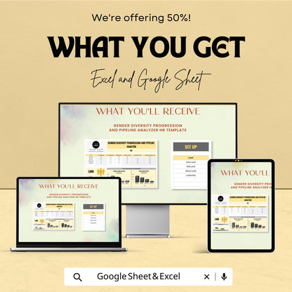 Gender Diversity HR Template, Workforce Diversity Tracker, DEI Dashboard, HR Analytics Sheet, Excel & Google Sheets Diversity Pipeline Tool