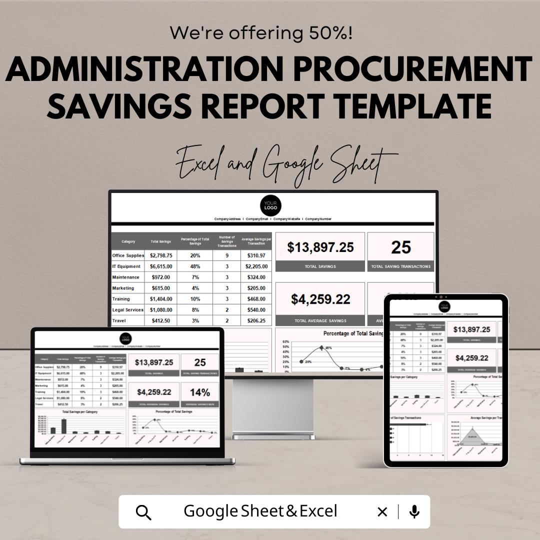 Administration Procurement Savings Report Template | Cost Savings Tracker, Procurement Analysis, Financial Reports