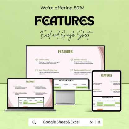 Editable Product Roadmap Sheet | Excel & Google Sheet Template | Customizable Project Planner | Timeline for Product Development