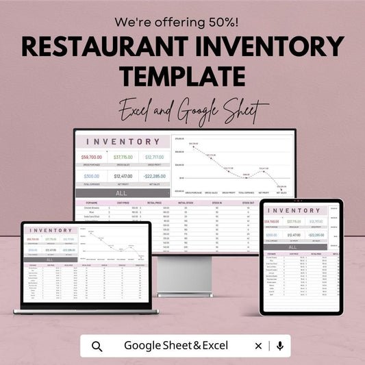 Restaurant Inventory Template |  Food & Beverage Stock Tracker | Kitchen Inventory Spreadsheet | Restaurant Management Sheet