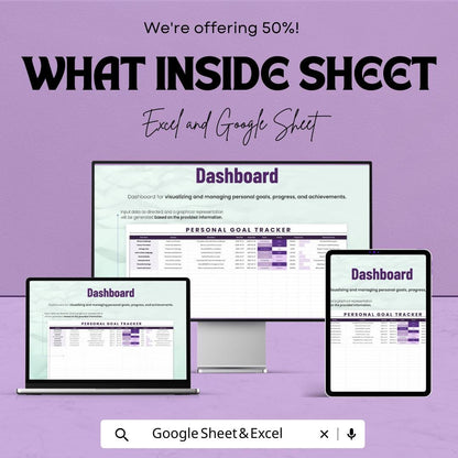 Personal Goal Tracker Template | Goal Planning Spreadsheet for Google Sheets & Excel | Habit Tracker | Productivity Dashboard