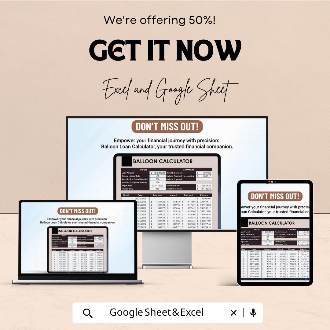 Balloon Loan Calculator Sheet | Excel and Google Sheets | Loan Payment Schedule & Financial Planning Template | Loan Interest Calculator