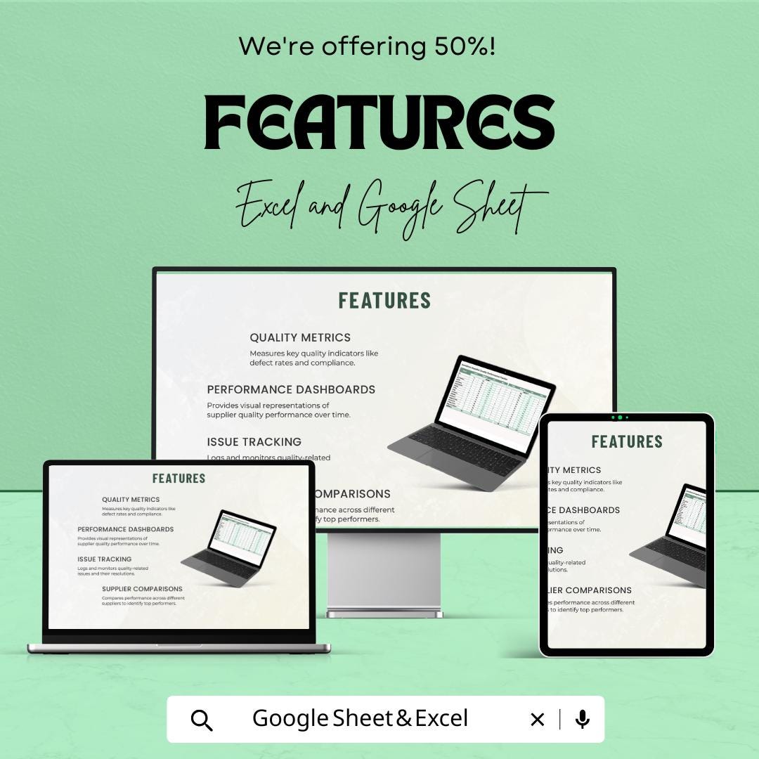 Supplier Quality Performance Tracker | Operations Supplier Evaluation Template | Vendor Quality Scorecard | Excel & Google Sheets