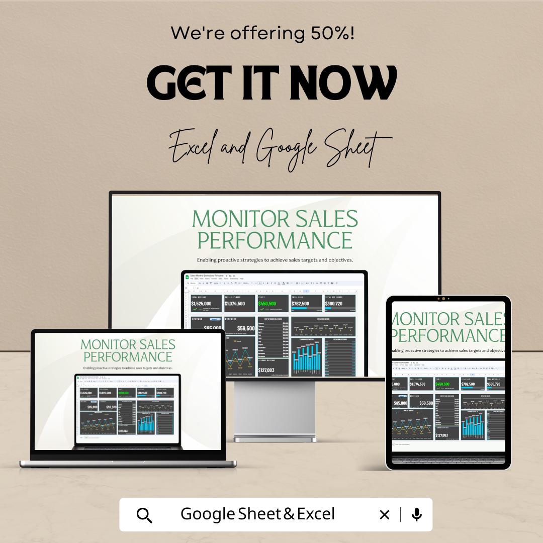 Sales Monthly Dashboard | Excel & Google Sheets | Track Revenue, Expenses, Profit | Business Finance Tracker | KPI Spreadsheet