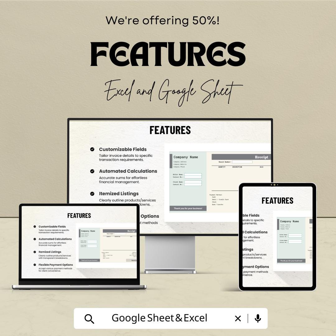 Self Employed Invoice Receipt Sheet - Customizable Google Sheet & Excel Template for Small Business Owners