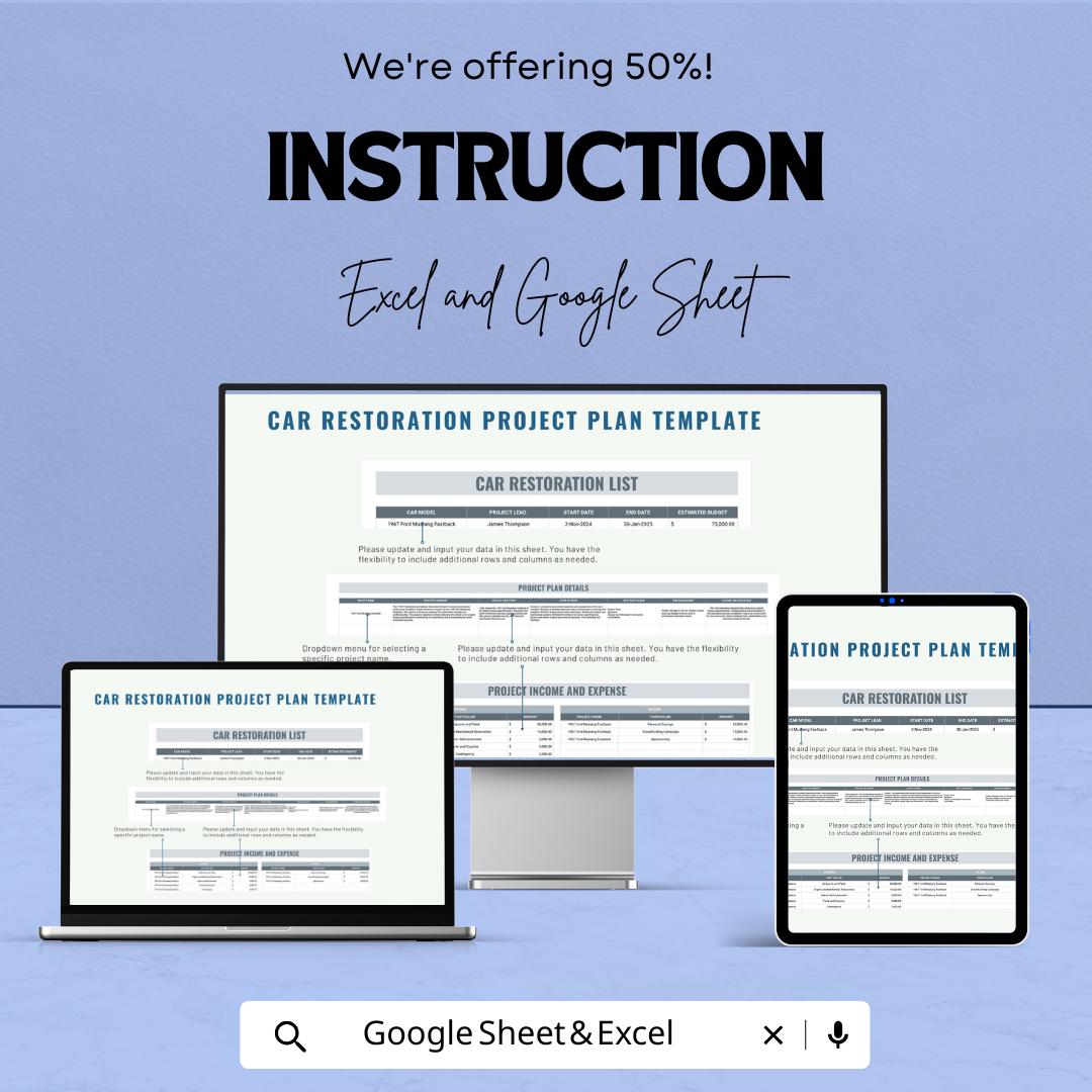 Car Restoration Project Plan Sheet | Google Sheet | Project Management Template | Customizable Gantt Chart | Restoration Project Planner
