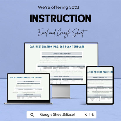 Car Restoration Project Plan Sheet | Google Sheet | Project Management Template | Customizable Gantt Chart | Restoration Project Planner