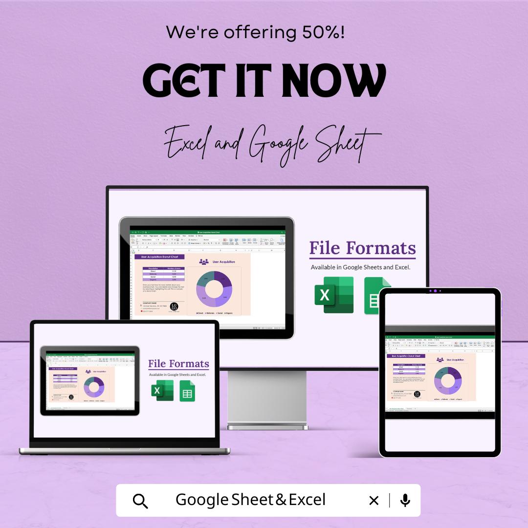 User Acquisition Donut Chart Sheet - Excel and Google Sheets Template | Track Direct, Referral & Organic Sources