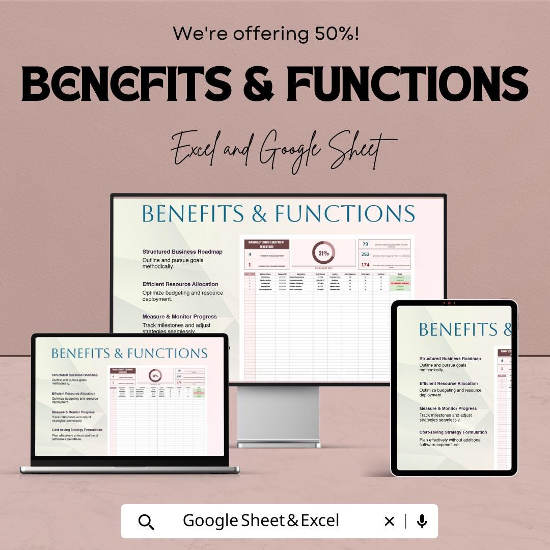 Manufacturing Equipment Inventory Template |  Equipment Tracker | Factory Asset Management Spreadsheet | Maintenance Log Sheet