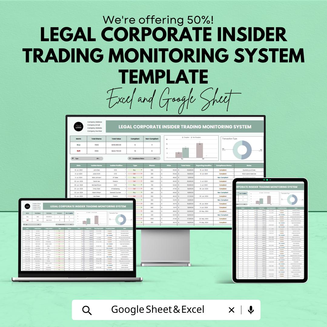 Legal Corporate Insider Trading Monitoring System Template | Excel & Google Sheets Compliance Tracker | Risk Management Tool