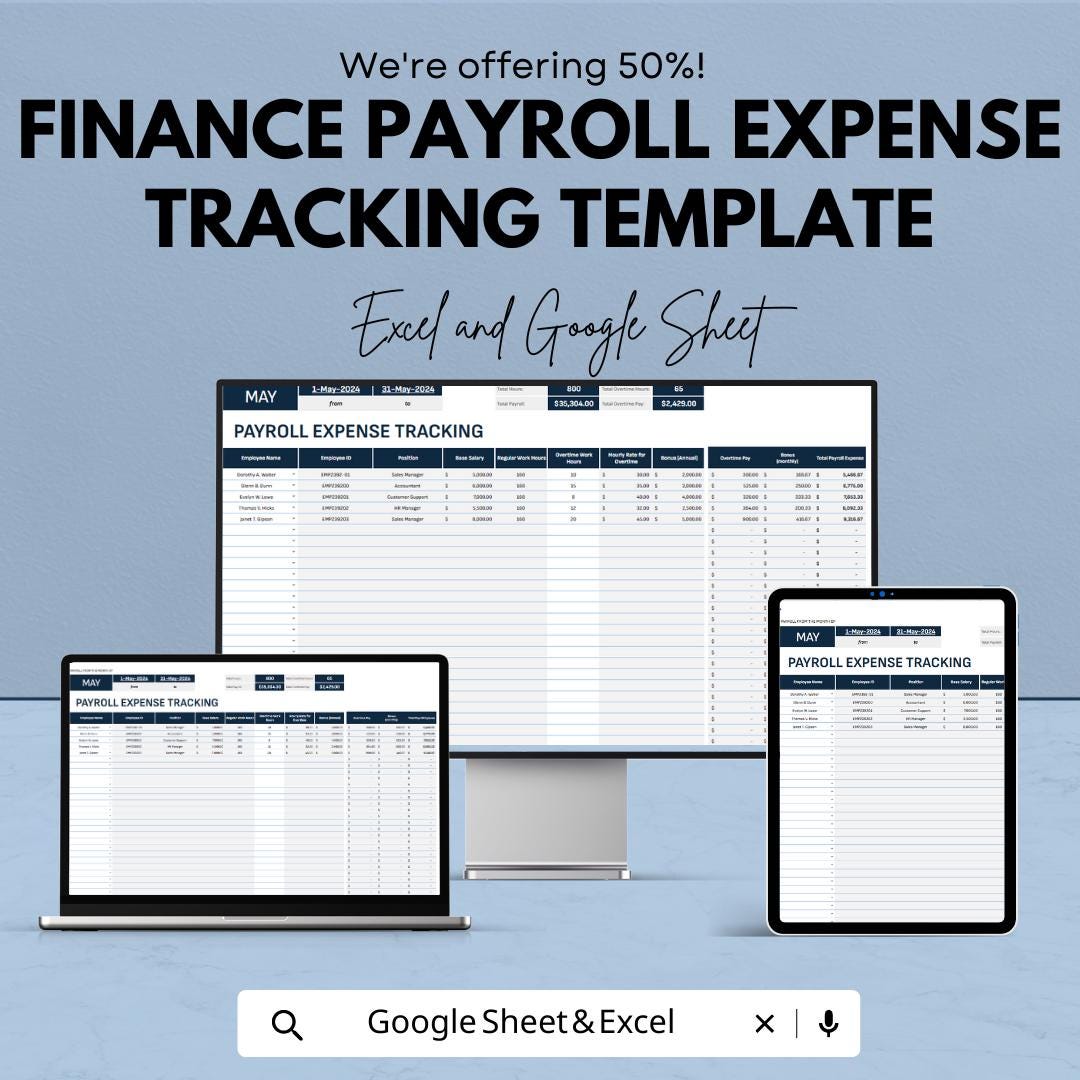 Finance Payroll Expense Tracking Template | Payroll Cost Tracker | Employee Payroll Management | Excel & Google Sheets