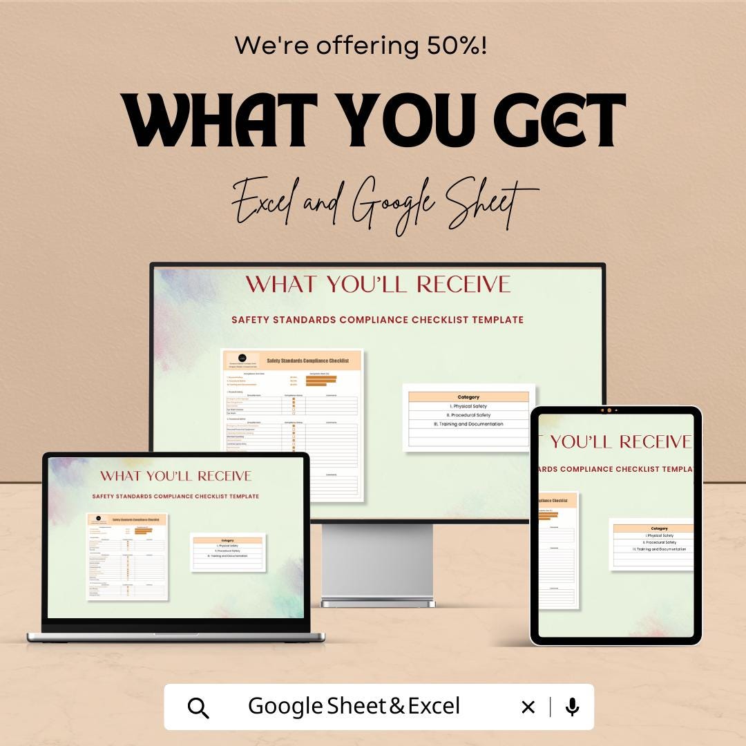 Safety Standards Compliance Checklist Template | OSHA Safety Audit Tracker | Excel & Google Sheets Editable | Workplace Inspection Log