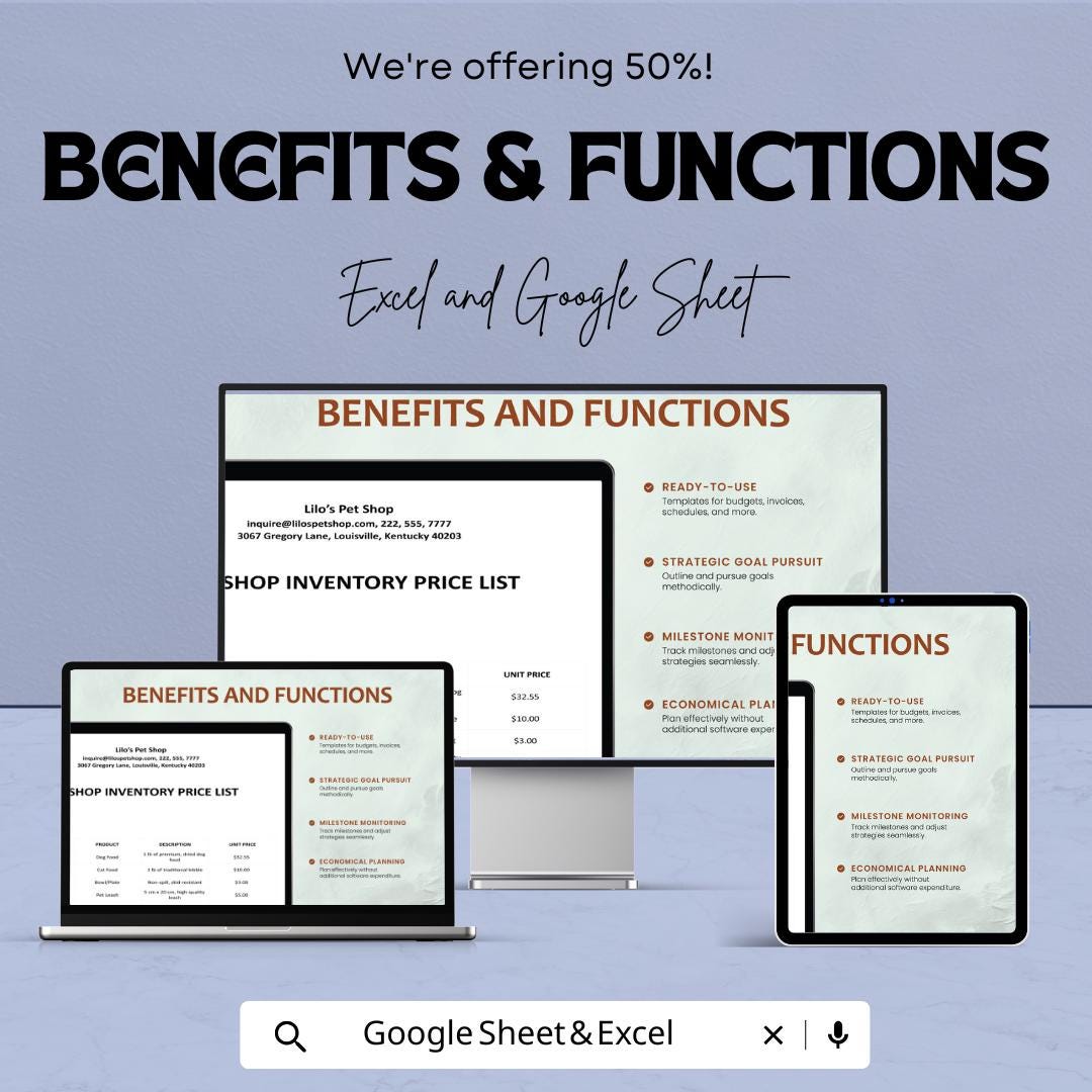 Inventory Price List Template | Product Price Sheet | Business Pricing List | Excel & Google Sheets | Editable Inventory Spreadsheet