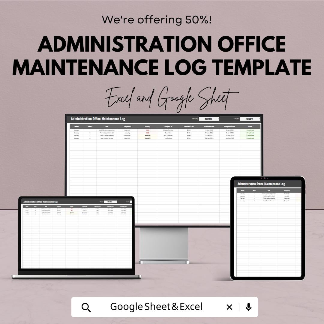 Office Maintenance Log Template, Admin Maintenance Tracker, Facility Maintenance Spreadsheet, Office Task Log