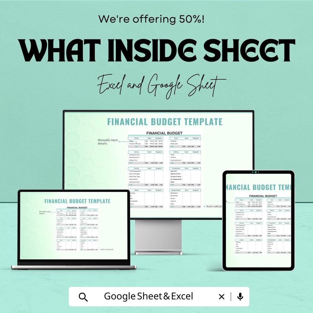 Financial Budget Template | Monthly Budget Planner | Expense Tracker | Excel and Google Sheets Budget Template | Personal Finance Organizer