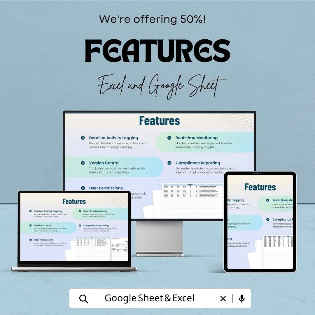 Audit Timesheet Template | Auditor Time Tracking Sheet | Compliance & Activity Log | Excel and Google Sheets | Audit Work Tracker