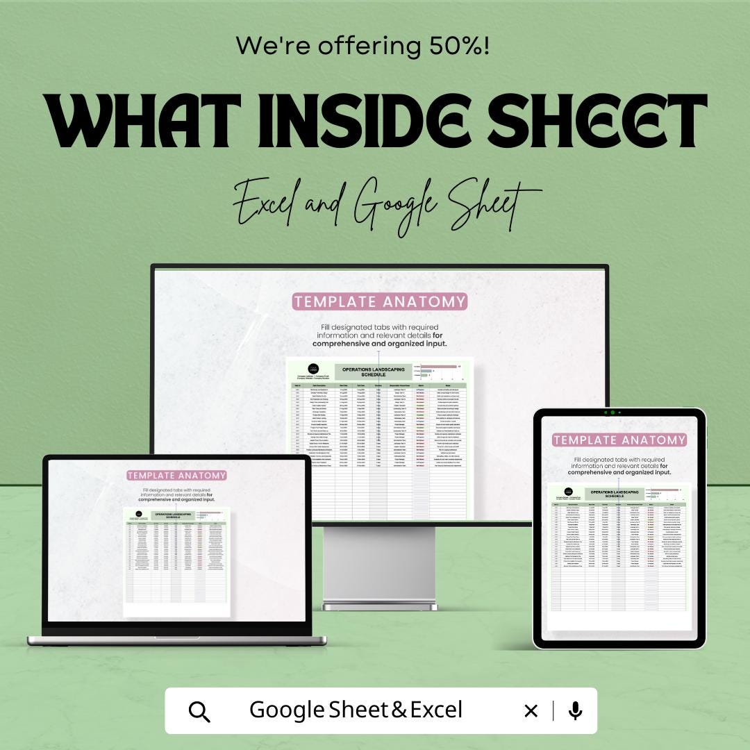 Landscaping Schedule Template, Operations Landscaping Planner, Lawn Care Task Tracker, Maintenance Schedule, Excel Google Sheets
