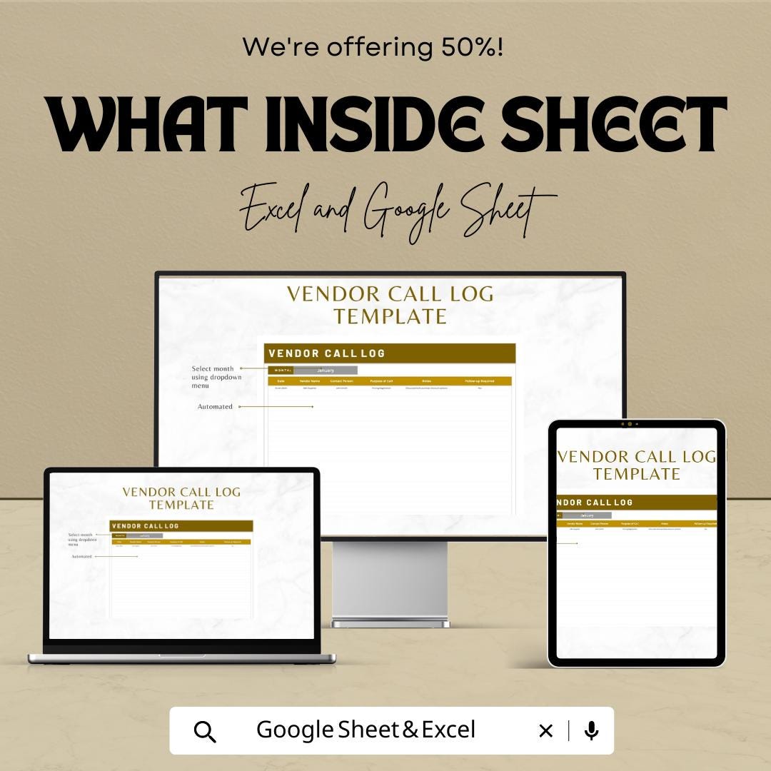 Vendor Call Log Template | Vendor Communication Tracker |  Call Log | Vendor Management Spreadsheet | Business Call Tracking Sheet