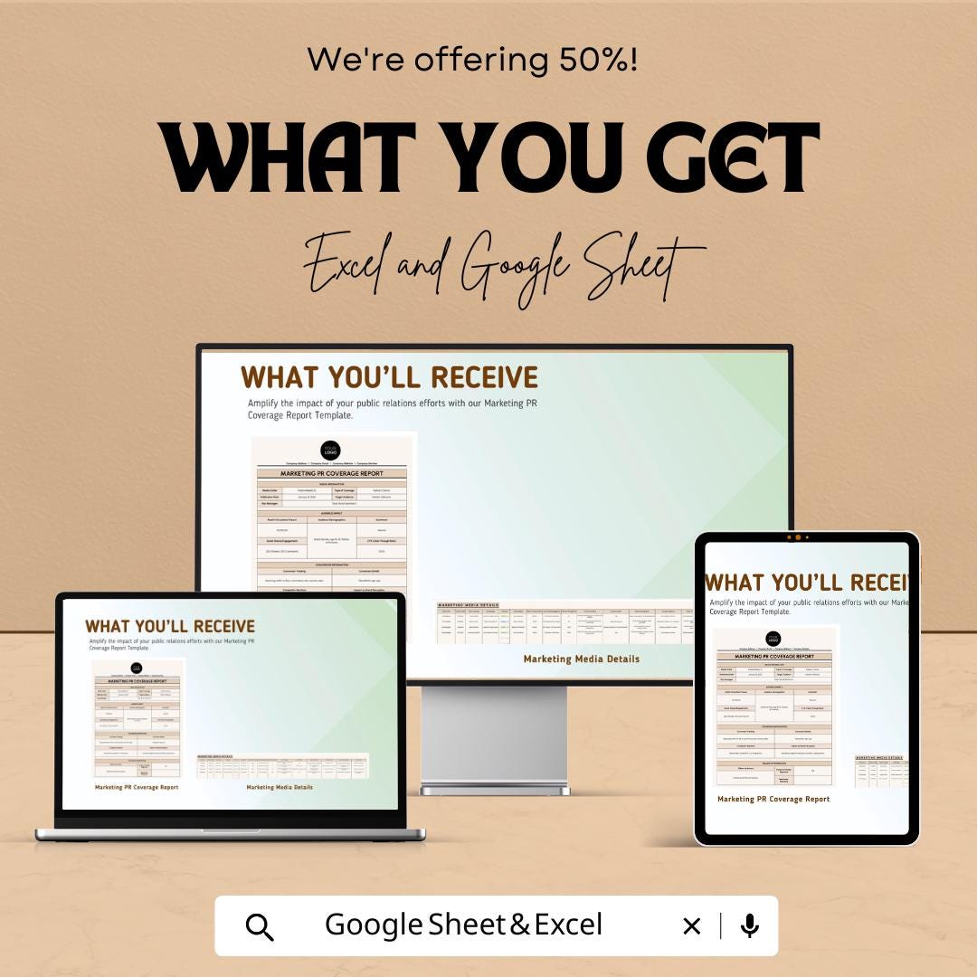 Marketing PR Coverage Report Sheet - Excel & Google Sheets Template - PR Campaign Coverage Tracker for Marketing Professionals