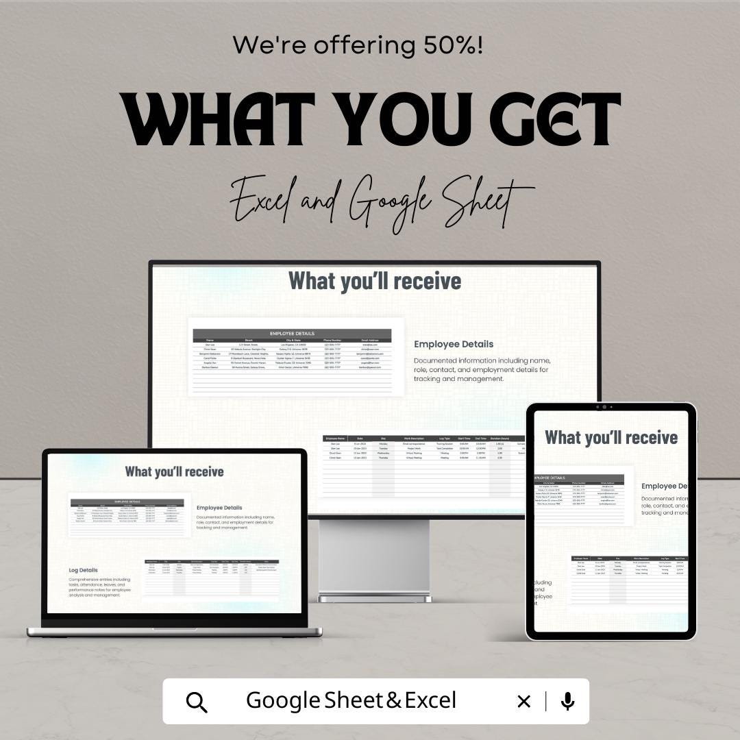 Employee Log Sheet Template Excel, Work Hours Tracker, Staff Daily Log, Attendance and Task Tracker, Google Sheets HR Spreadsheet