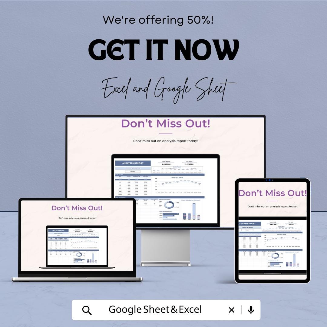 Analysis Report Template | Business Report Excel and Google Sheets | Financial Dashboard Spreadsheet | Data Analysis & Profit Tracker