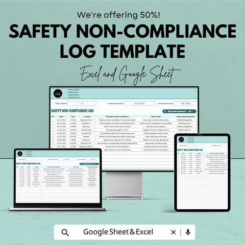 Safety Non-Compliance Log Template | Incident Report Tracker | OSHA Compliance Log Spreadsheet | Excel & Google Sheets Safety Report