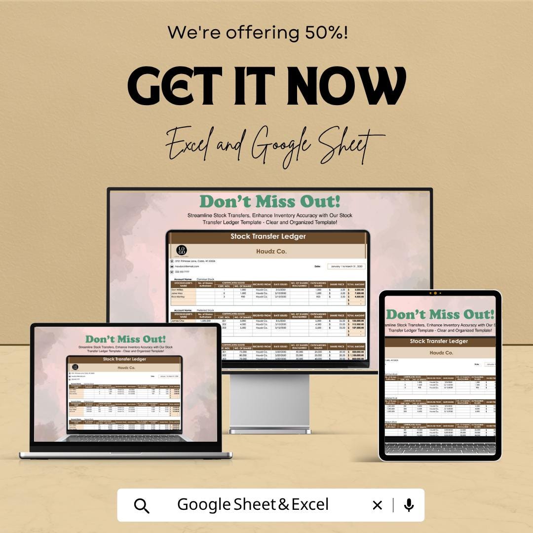 Stock Transfer Ledger Template Excel Google Sheets | Share Transfer Tracker | Corporate Stock Register | Shareholder Transfer Log |