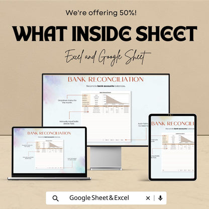 Bank Reconciliation Template | Accounting Reconciliation Worksheet | Bank Statement Tracker | Book Balance Template