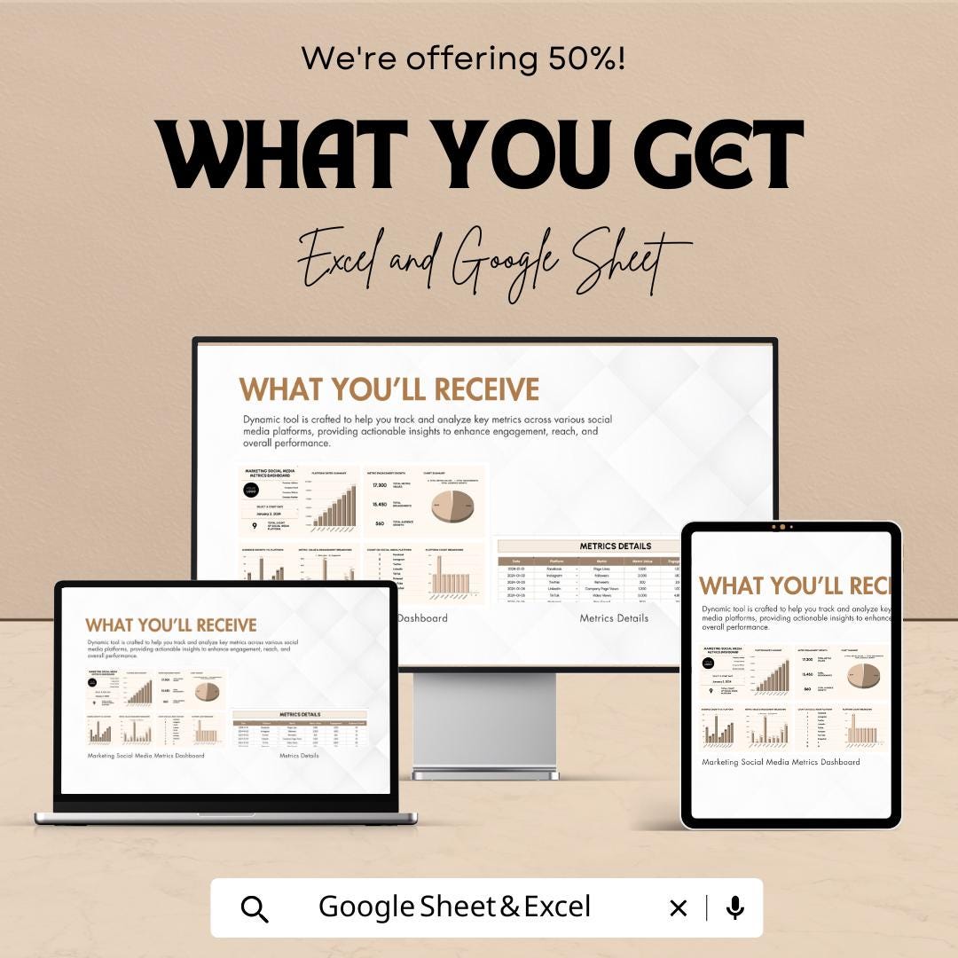 Marketing Social Media Metrics Dashboard Sheet | Excel & Google Sheets Template | Social Media Analytics | Engagement Tracker for Businesses