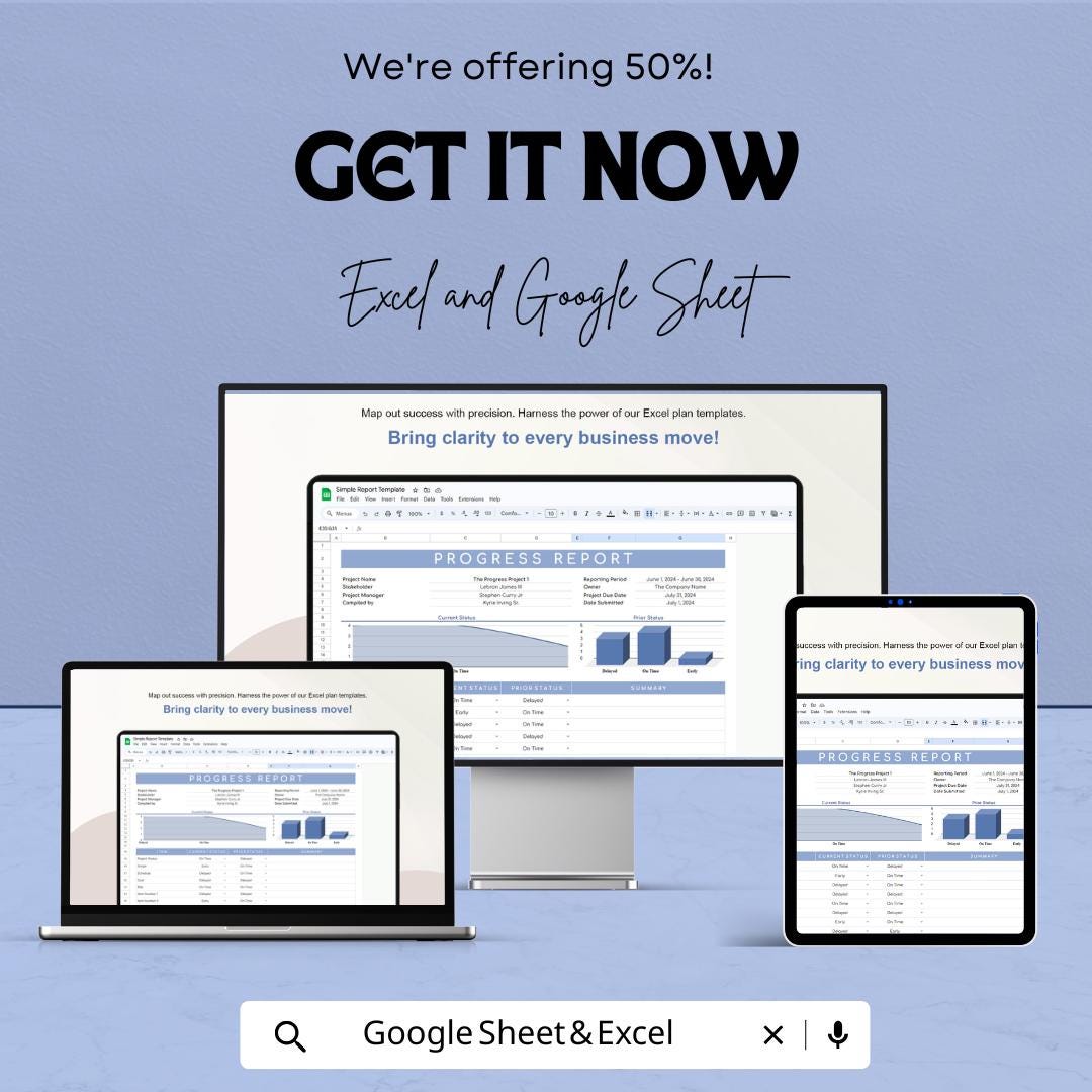 Simple Report Template | Progress Report Spreadsheet | Business Performance Tracker | Project Status Layout | Editable Report Sheet