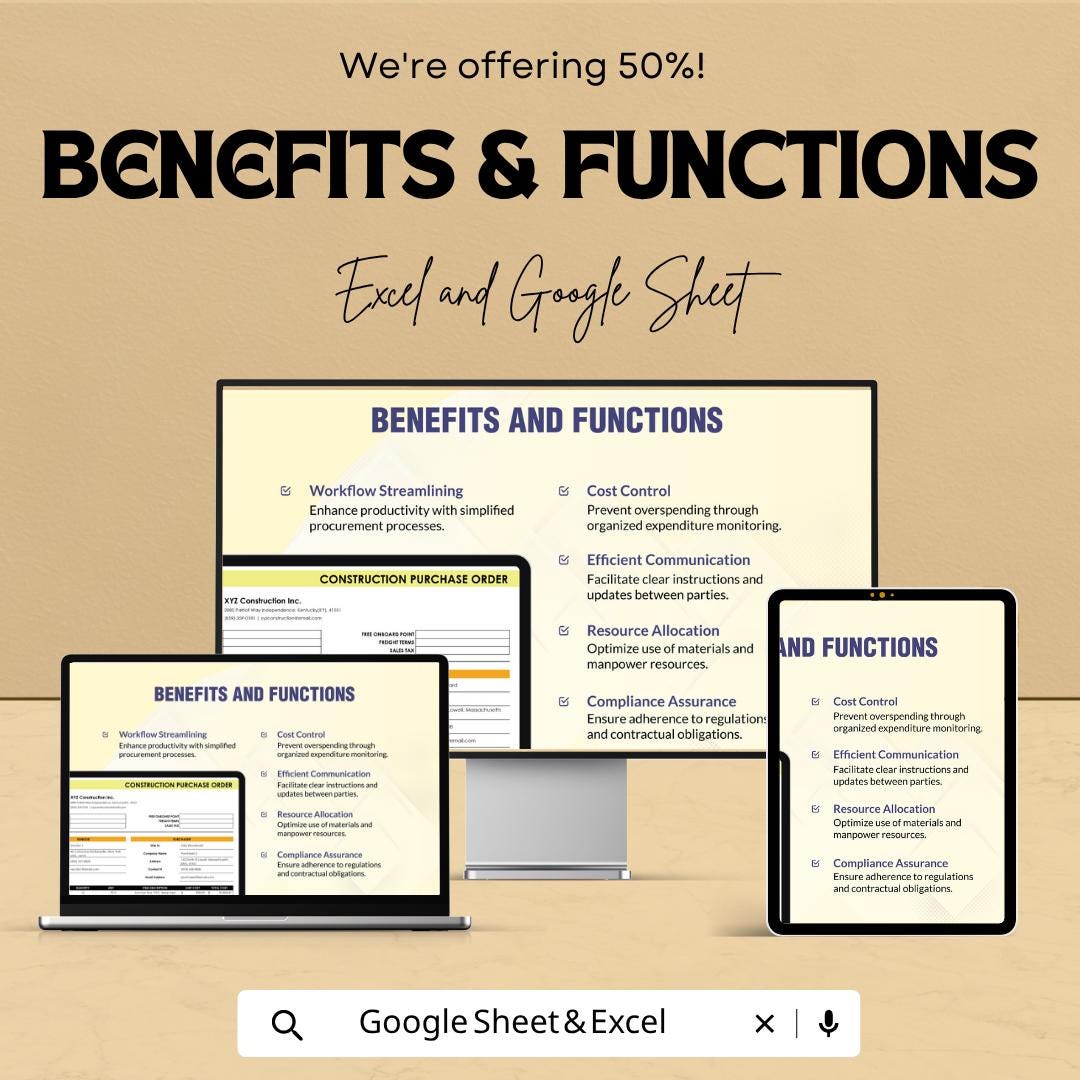Construction Purchase Order Template Excel Google Sheets | Procurement Spreadsheet | Vendor Order Form | Contractor Purchase Tracker |