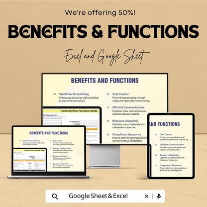Construction Purchase Order Template Excel Google Sheets | Procurement Spreadsheet | Vendor Order Form | Contractor Purchase Tracker |